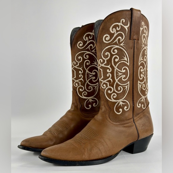 Vintage Tony Lama Women's Cowboy Boots Brown Leather Cream Embroidery Sz 7.5 B - Picture 5 of 14